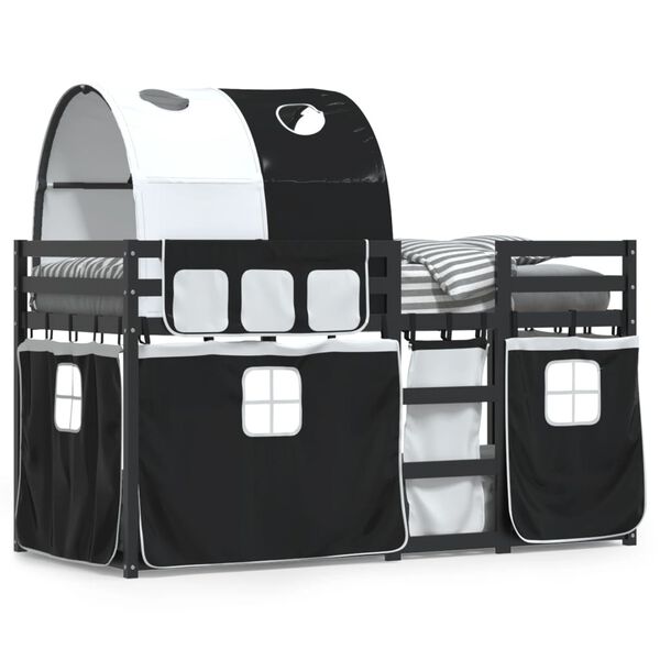 vidaXL Dviaukštė lova su užuolaidomis, balta/juoda, 90x200cm, pušis