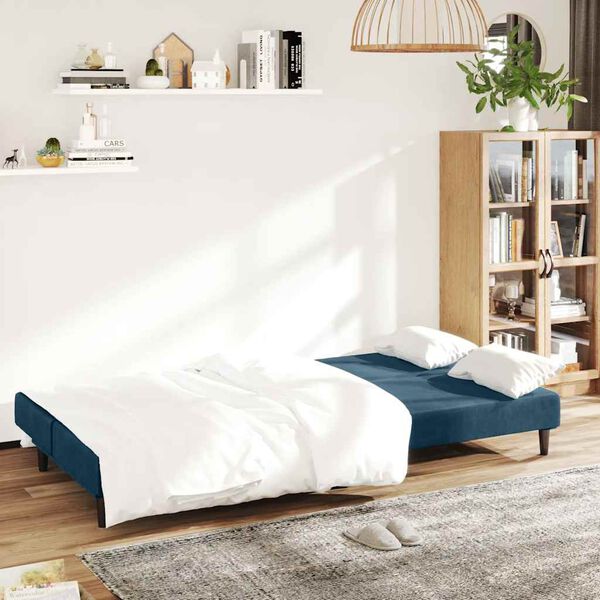 vidaXL Dvivietė sofa-lova, mėlynos spalvos, aksomas