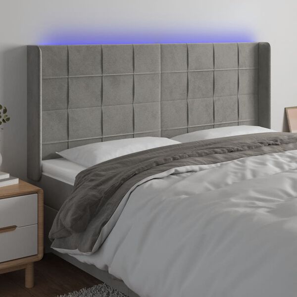 vidaXL Galvūgalis su LED, &scaron;viesiai pilkas, 203x16x118/128cm, aksomas