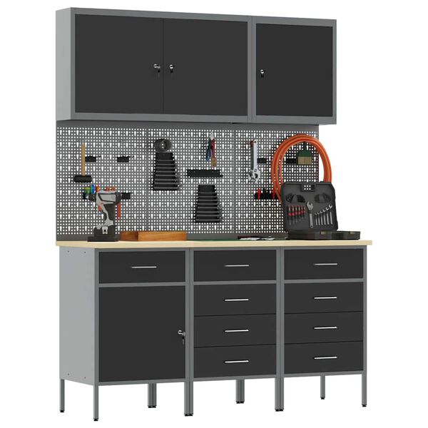 vidaXL Darbastalis su stalčių 8 pcs Juoda 150 x 55 x 200 cm Plienas