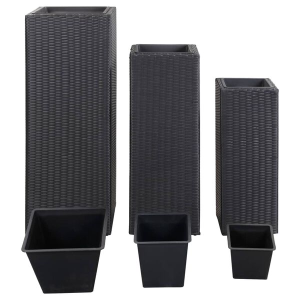 vidaXL Sodo vazonai, 3vnt., juodi, poliratanas, aukšti
