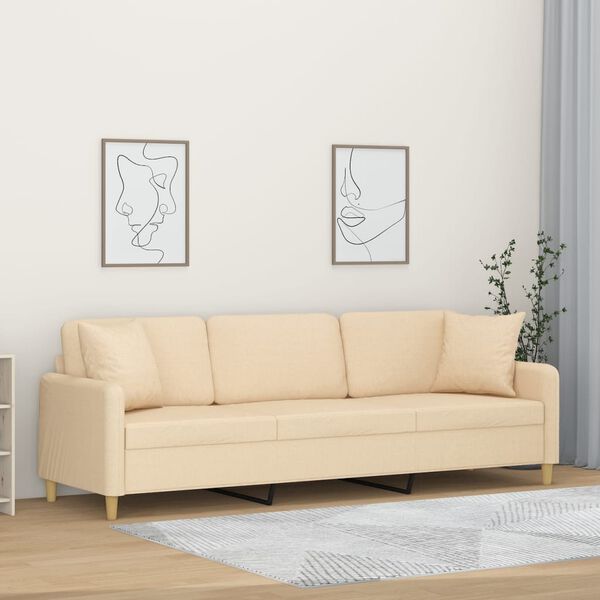 vidaXL Trivietė sofa su pagalvėmis, kreminė, 210cm, audinys