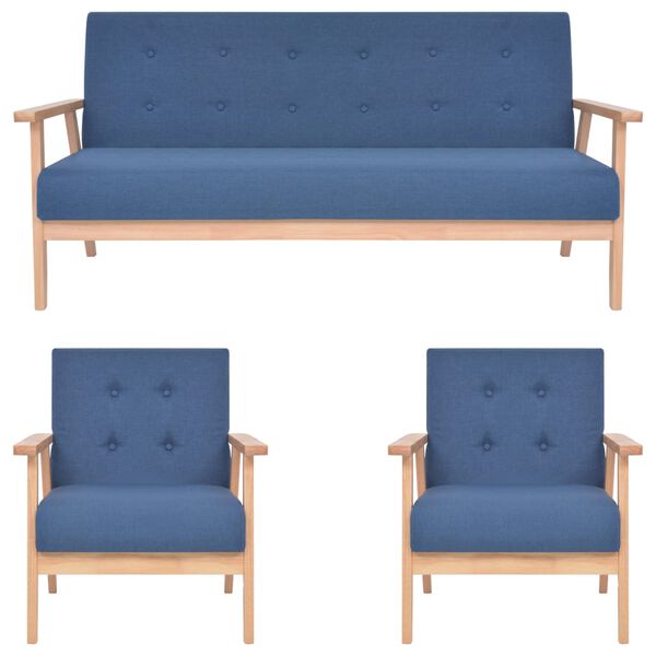 vidaXL Sofos komplektas, 3 dalių, mėlynos spalvos, audinys