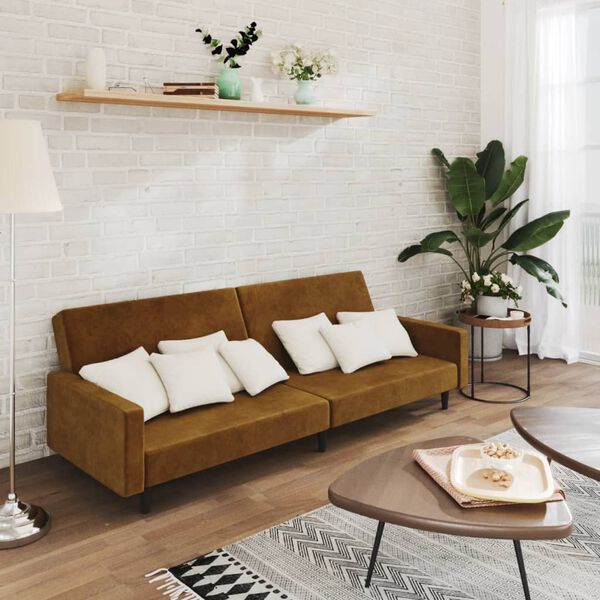 vidaXL Dvivietė sofa-lova, rudos spalvos, aksomas