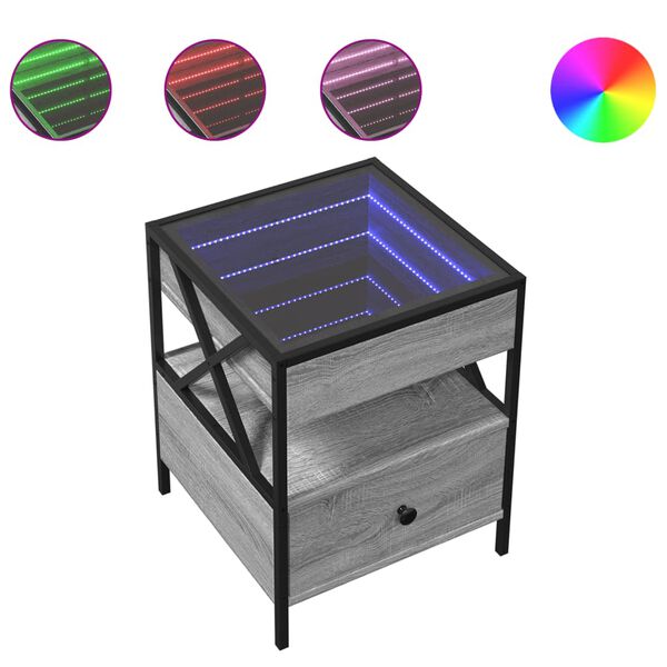 vidaXL Naktinis staliukas su Infinity LED, pilkas ąžuolo, 40x40x51cm