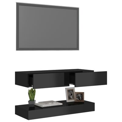 vidaXL TV spintelė su LED apšvietimu, blizgi juoda, 90x35 cm