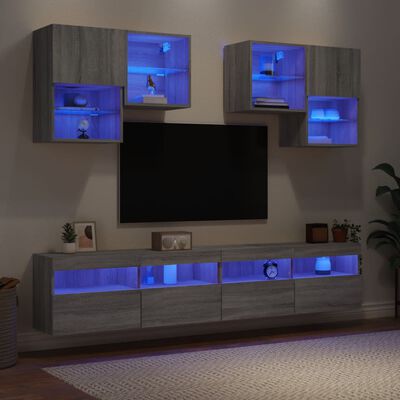 vidaXL Sieninės TV spintelės su LED lemputėmis, 6vnt., pilkos ąžuolo