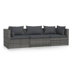vidaXL Trivietė sofa su pagalvėlėmis, pilkos spalvos, poliratanas