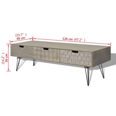 vidaXL TV staliukas su 3 stalčiais, 120x40x36 cm, pilkas