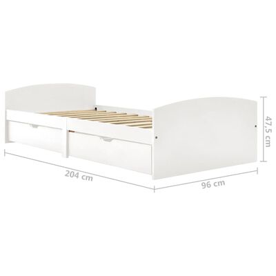 vidaXL Lovos rėmas su 2 stalčiais, baltas, 90x200cm, pušies masyvas