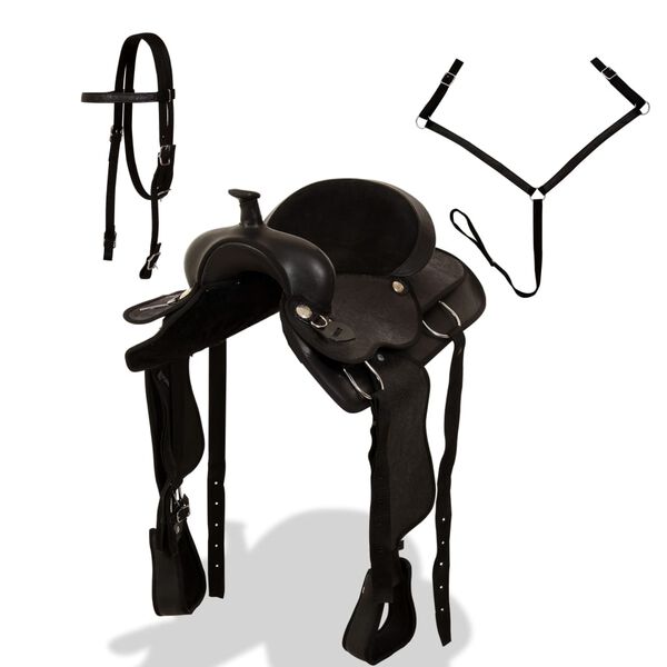 vidaXL Balnas, galvos ir krūtinės dirželiai, tikra oda, 17", juodas