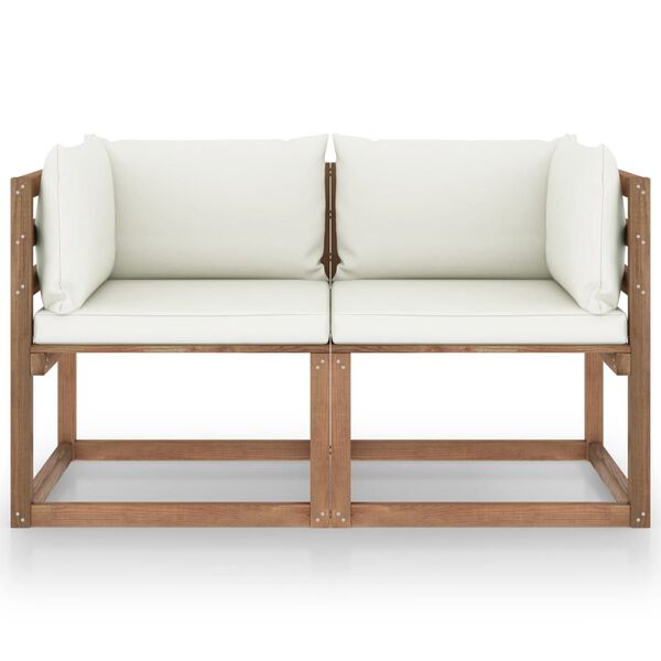 vidaXL Dvivietė sodo sofa i&scaron; palečių su kreminėmis pagalvėlėmis, pu&scaron;is