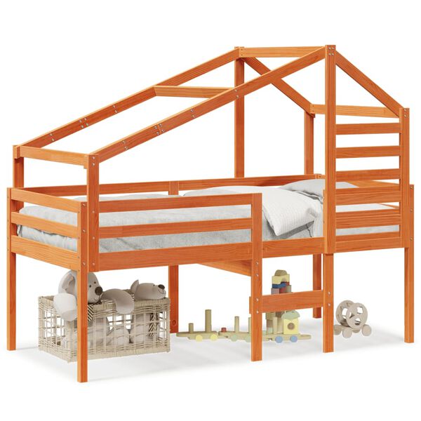 vidaXL Aukšta lova su stogu, vaško ruda, 90x190cm, pušies masyvas