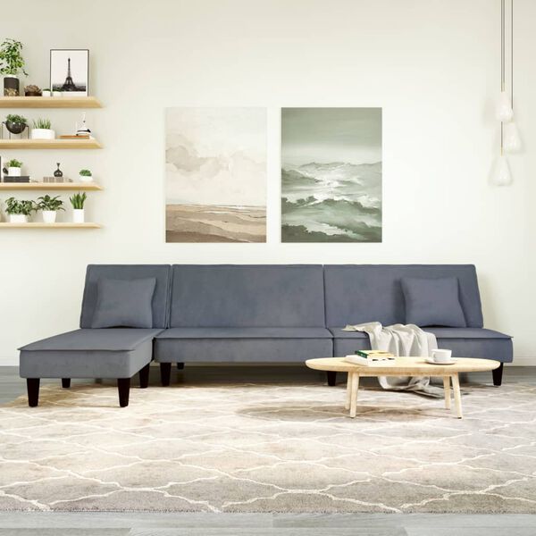vidaXL L formos sofa-lova, tamsiai pilka, 255x140x70cm, aksomas