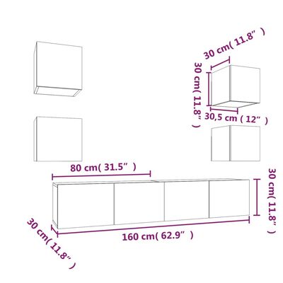 vidaXL TV spintelių komplektas, 6 dalių, baltas, mediena, blizgus