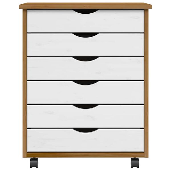 vidaXL Spintelė su ratukais ir stalčiais MOSS, ruda, pu&scaron;ies masyvas