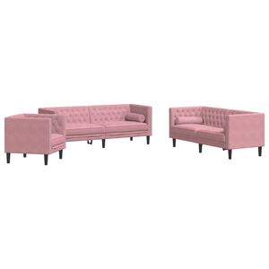 vidaXL Chesterfield sofų komplektas su pagalvėlėmis, 3 dalių, rožinis