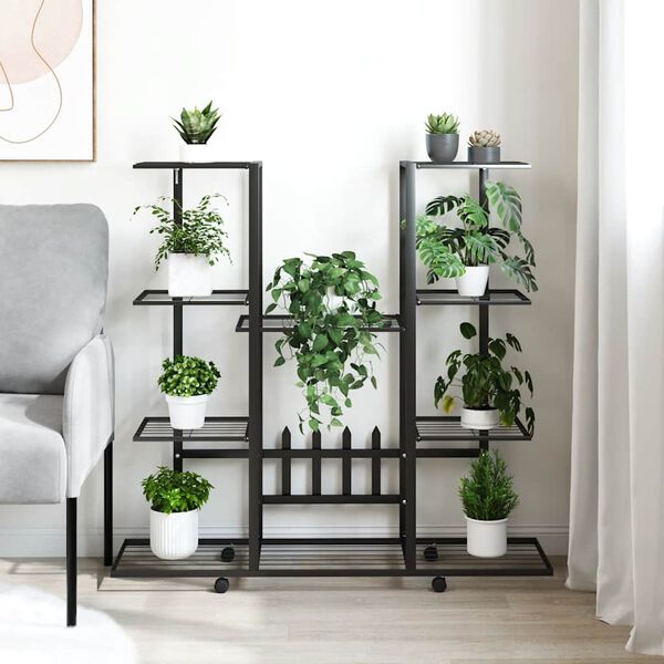 vidaXL Gėlių stovas su ratukais, juodas, 94,5x24,5x91,5cm, geležis