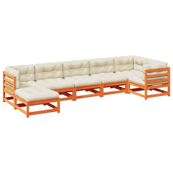 vidaXL Sodo komplektas su pagalvėlėmis, 7 dalių, vaško rudas, pušis