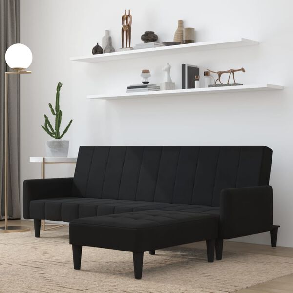 vidaXL Dvivietė sofa-lova su taburete, juoda, mikropluo&scaron;to audinys