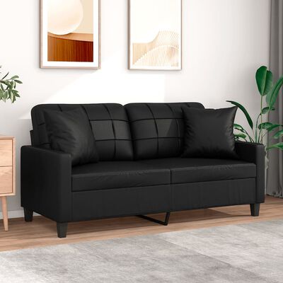 vidaXL Dvivietė sofa su pagalvėlėmis, juoda, 140cm, dirbtinė oda