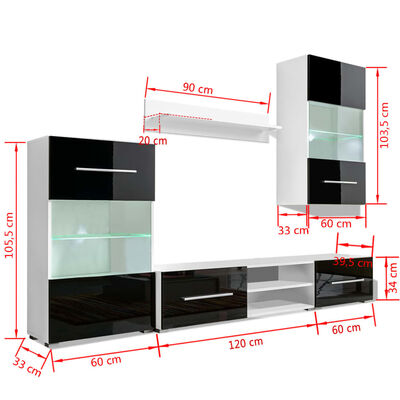 vidaXL Sieninė televizoriaus spintelė su LED apšvietimu, 5d., juoda