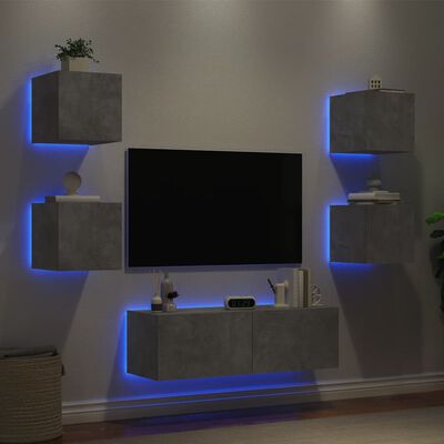 vidaXL Sieninės TV spintelės su LED lemputėmis, 5 dalių, betono pilkos