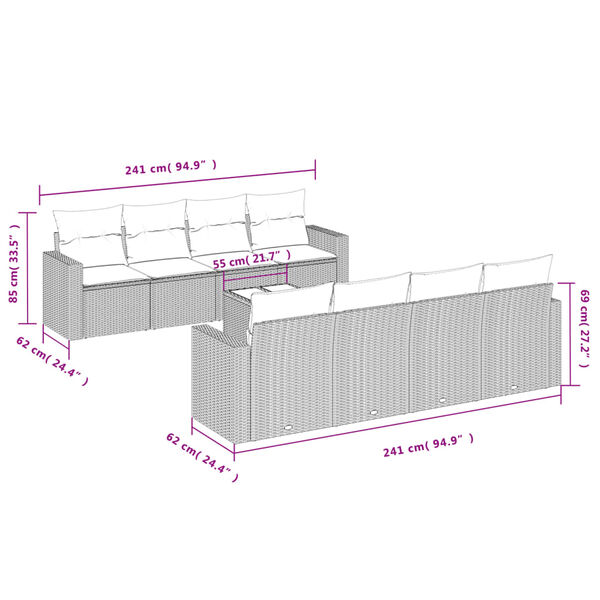 vidaXL Sofos komplektas su pagalvėlėmis, 9 dalių, pilkas, poliratanas