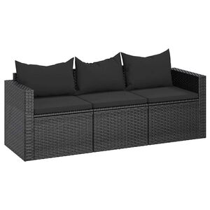 vidaXL Trivietė sodo sofa su pagalvėlėmis, juodos spalvos, poliratanas