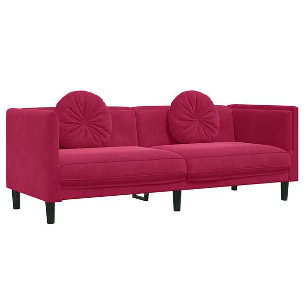 vidaXL Trivietė sofa su pagalvėlėmis, vyno raudonos spalvos, aksomas
