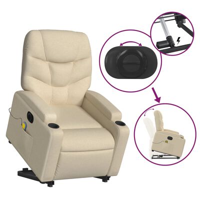 vidaXL Atsistojantis elektrinis masažinis krėslas, kreminis, audinys