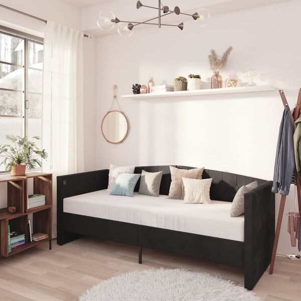 vidaXL Lova su čiužiniu ir USB i&scaron;vestimi, juoda, 90x200cm, aksomas