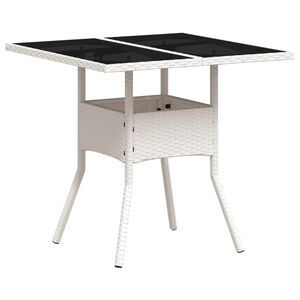 vidaXL Stalas su stikliniu stalvir&scaron;iu, baltas, 80x80x75cm, poliratanas