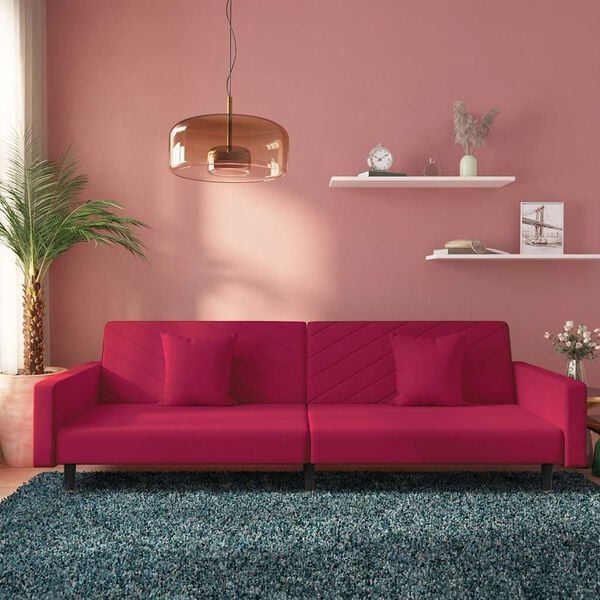 vidaXL Dvivietė sofa-lova su dvejomis pagalvėmis, vyno, aksomas