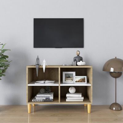 vidaXL TV spintelė su medinėmis kojelėmis, balta/ąžuolo, 69,5x30x50cm