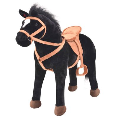 vidaXL Stovintis žaislas žirgas, juodos spalvos, pliušas