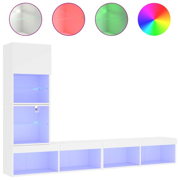 vidaXL Sieninė TV sekcija su LED, 4 dalių, balta, apdirbta mediena