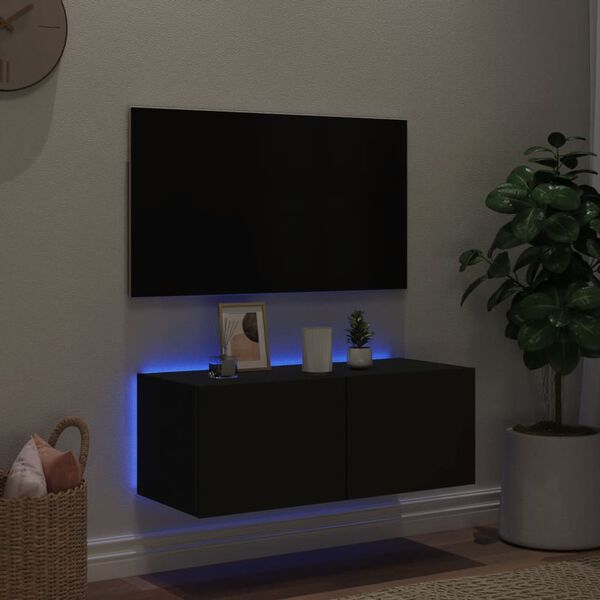 vidaXL Sieninė TV spintelė su LED lemputėmis, juoda, 80x35x31cm