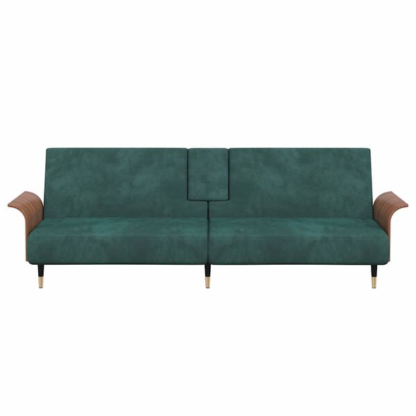 vidaXL Sofa-lova su puodelių laikikliais, tamsiai žalia, aksomas