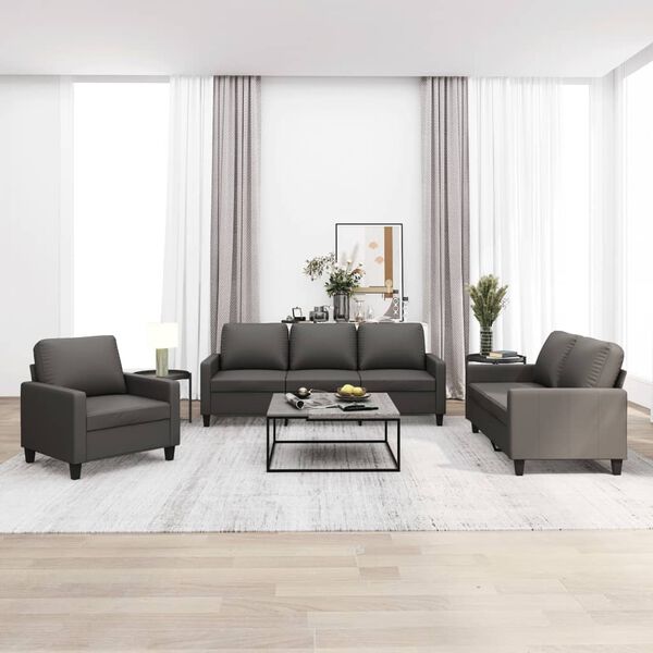 vidaXL Sofos komplektas su pagalvėlėmis, 3 dalių, pilkas, dirbtinė oda