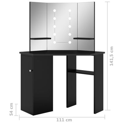 vidaXL Kampinis kosmetinis staliukas su LED, juodas, 111x54x141,5cm