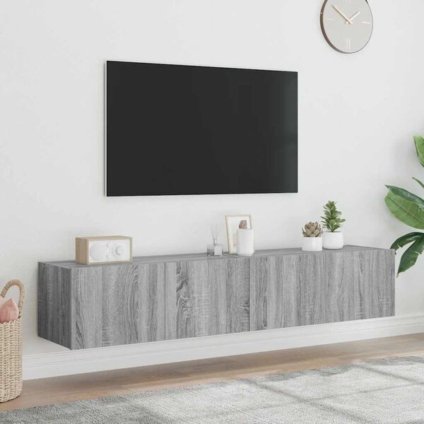 vidaXL Sieninės TV spintelės su LED, 2vnt., pilkos ąžuolo, 80x35x31cm
