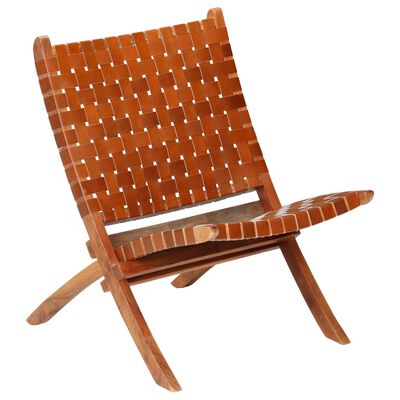 vidaXL Sulankstoma kėdė, ruda, kryžiuotų juostų dizaino, tikra oda