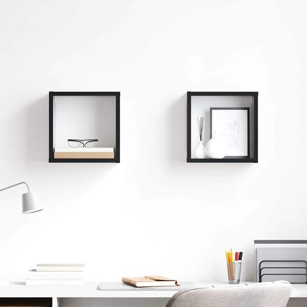 vidaXL Sieninės lentynos, 2vnt., juodos, 26x15x26cm, kubo formos