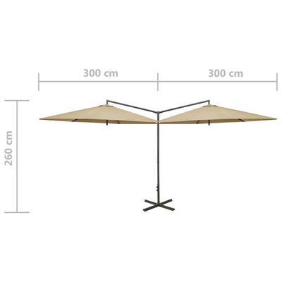 vidaXL Dvigubas skėtis su plieniniu stulpu, taupe spalvos, 600cm