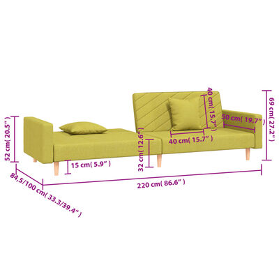 vidaXL Dvivietė sofa-lova su dvejomis pagalvėmis, žalia, audinys