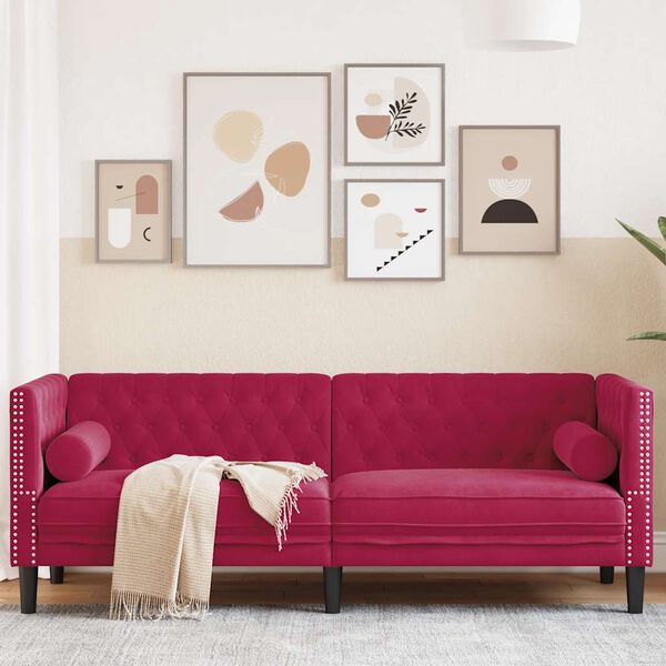 vidaXL Trivietė chesterfield sofa su pagalvėlėmis, raudona, aksomas