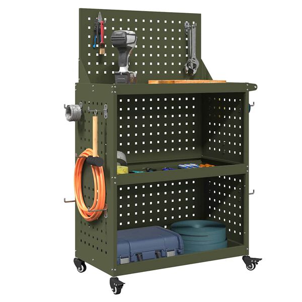 vidaXL Įrankių vežimėlis su lentyna Alyvuogių žalia 65 x 35 x 111 cm