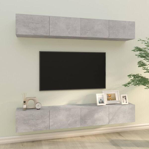 vidaXL Sieninės TV spintelės, 4vnt., betono pilkos, 100x30x30cm