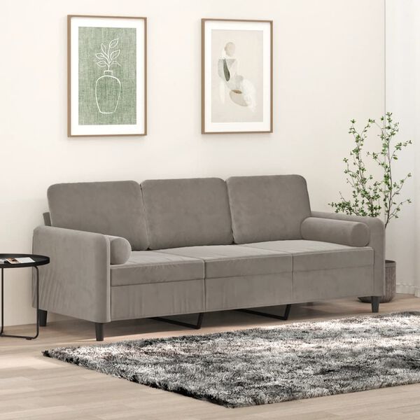 vidaXL Trivietė sofa su pagalvėmis, &scaron;viesiai pilka, 180cm, aksomas